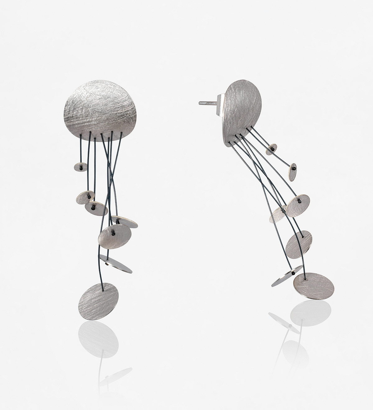 Silver earrings Pluja 50mm with black nylon